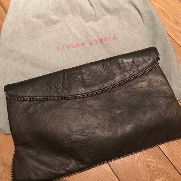 Lauren Merkin -brown leather zip trim clutch - Picture 3 of 6